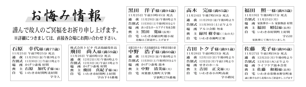 黒田　洋子さん（植田町根小屋）髙木　完さん（錦町江栗）福田　照一さん（好間町上好間字石田）石原　幸代さん（好間町北好間字寺入）飛田　尚人さん（好間町上好間字山下）中野　浩子さん（双葉郡大熊町大字熊字新町）佐藤　光子さん（常磐水野谷町東）