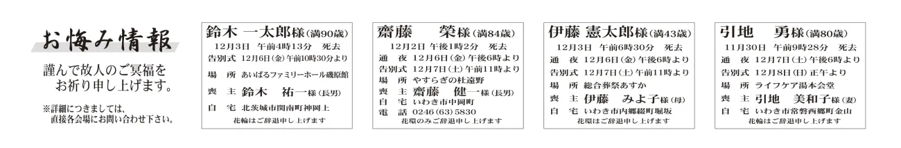 鈴木　一太郎さん（90歳）北茨城市関南町神岡上齋藤　榮さん（84歳）中岡町伊藤　憲太郎さん（43歳）内郷綴町堀坂引地　勇さん（80歳）常磐西郷町金山髙崎ムツ子さん　81歳四倉町細谷字民野町