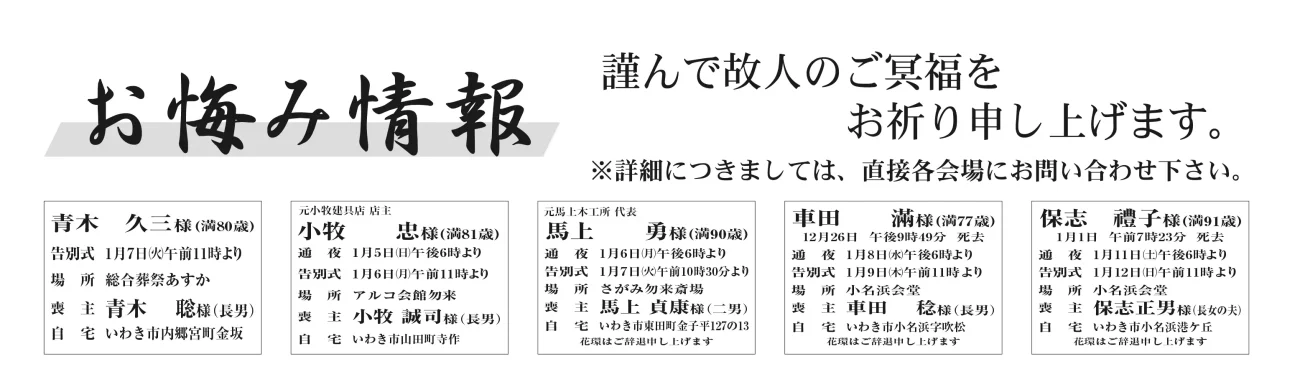 青木　久三さん (80歳)告別式  1月7日午前11時より場　所  総合葬祭あすか喪　主  青木 　聡さん自　宅  いわき市内郷宮町金坂------------------------------小牧　　忠さん (81歳)通　夜  1月5日午後6時より告別式  1月6日午前11時より場　所  アルコ会館勿来喪　主  小牧 誠司さん自　宅  いわき市山田町寺作------------------------------馬上　　勇さん (90歳)通　夜  1月6日午後6時より告別式  1月7日午前10時30分より場　所  さがみ勿来斎場喪　主  馬上 貞康さん自　宅  いわき市東田町金子平------------------------------車田　　滿さん (77歳)通　夜  1月8日午後6時より告別式  1月9日午前11時より場　所  小名浜会堂喪　主  車田 　稔さん自　宅  いわき市小名浜字吹松------------------------------保志　禮子さん (91歳)通　夜  1月11日午後6時より告別式  1月12日午前11時より場　所  小名浜会堂喪　主  保志正男さん自　宅  いわき市小名浜港ケ丘